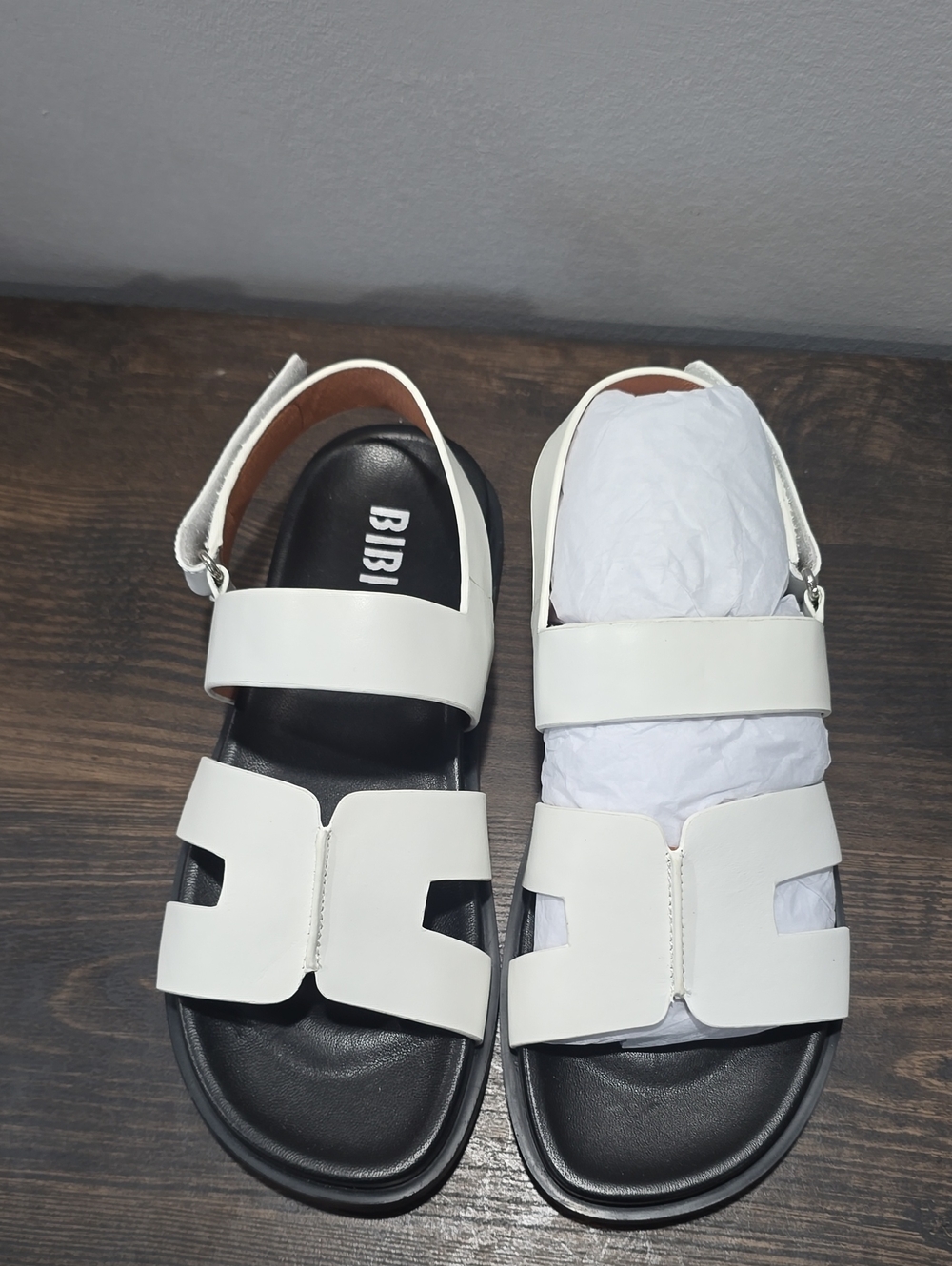 BiBi White and Black Two-Tone Leather Slide Sandals